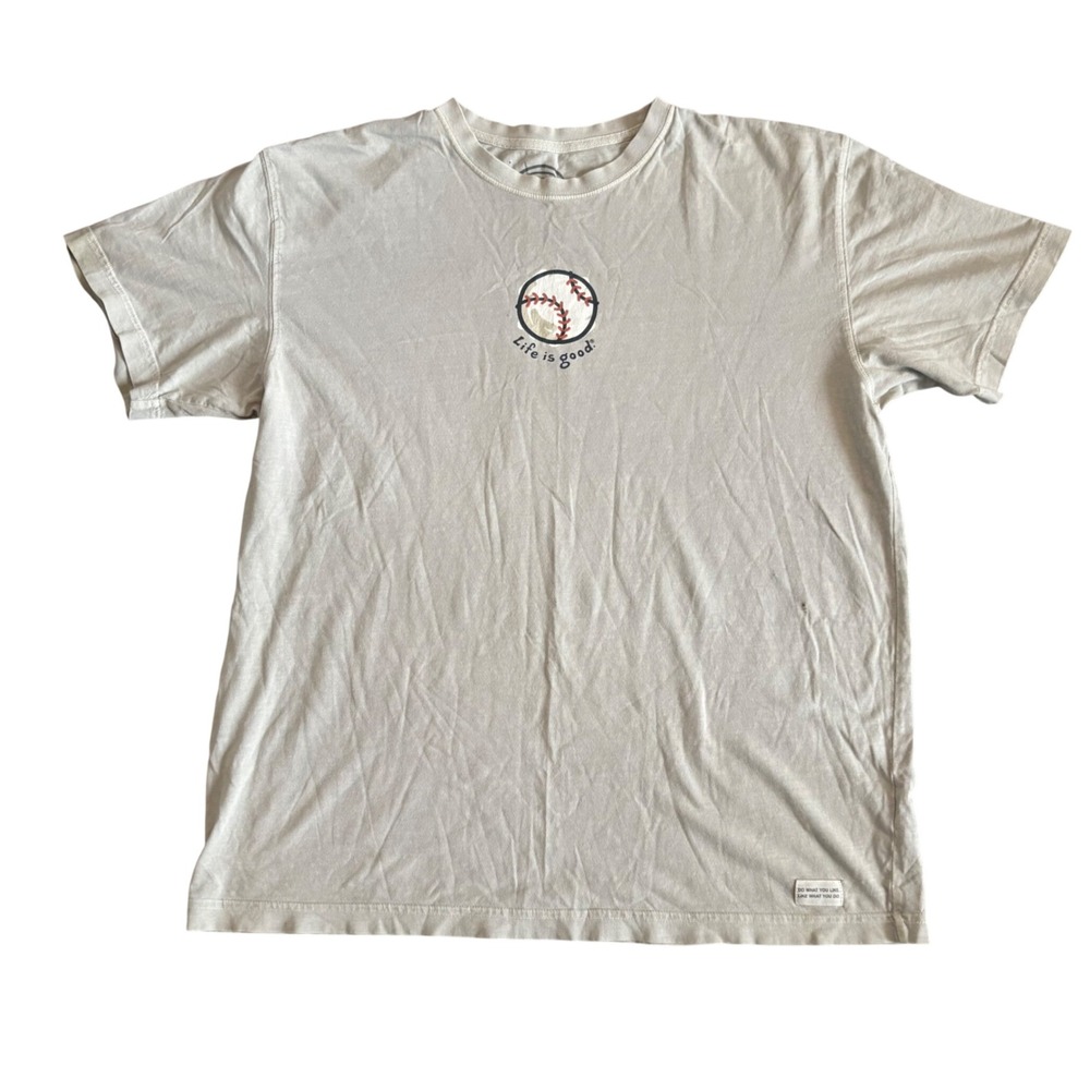 Life is Good Mens Baseball Graphic T-Shirt Khaki Size Large L Short Sleeve